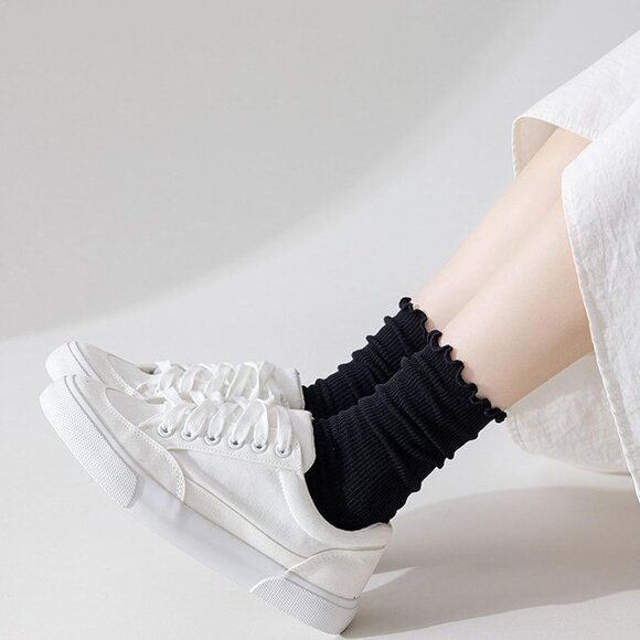 Black Ruffle Socks for Women Casual Cute Cotton Crew Socks Frilly Novelty - Picture 4 of 6